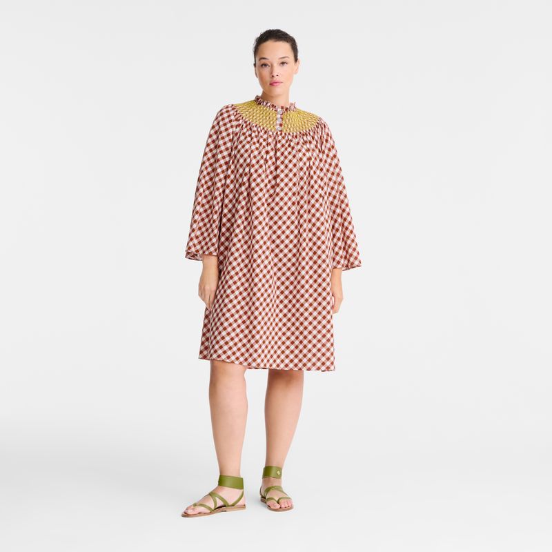 Coral / White Longchamp Vichy Jacquard Women Dress | Indonesia-362HTWKYL