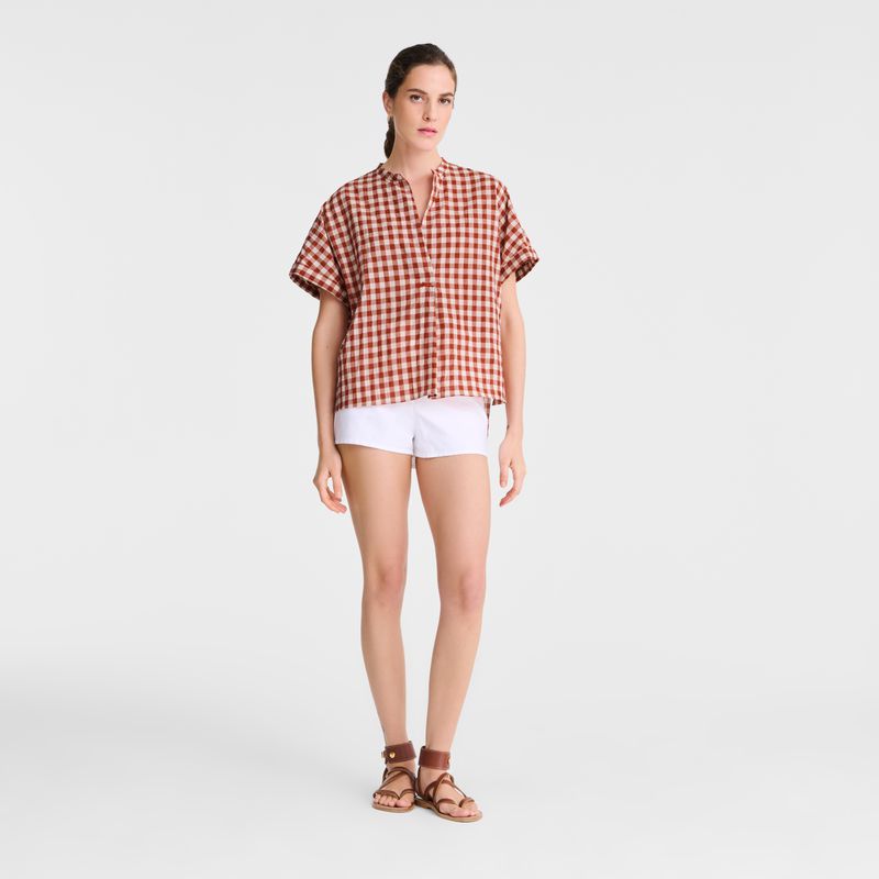 Coral / White Longchamp Vichy Jacquard Women Blouse | Indonesia-576QZCIEG