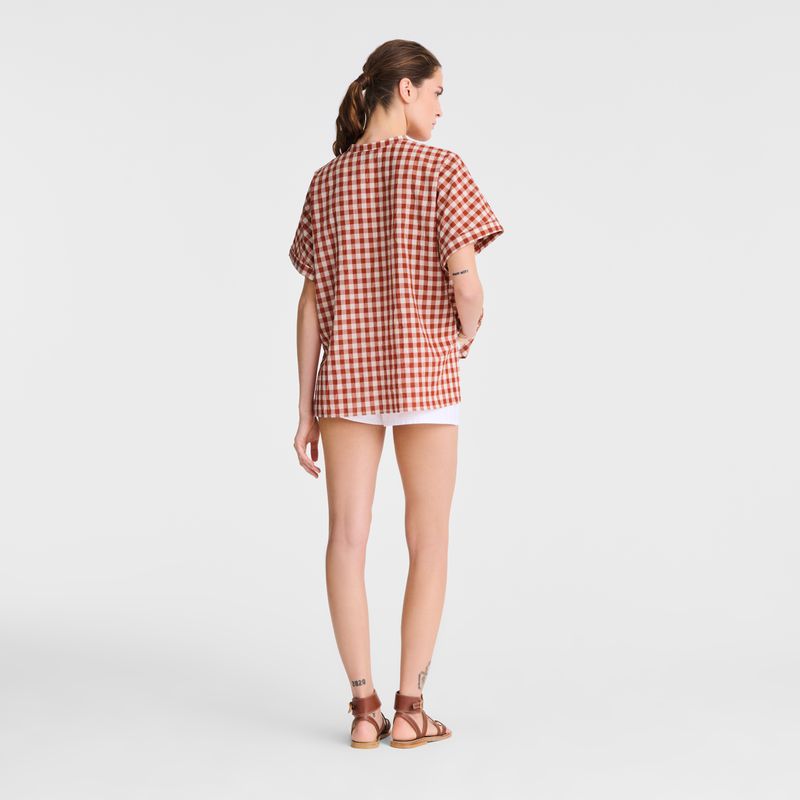 Coral / White Longchamp Vichy Jacquard Women Blouse | Indonesia-576QZCIEG