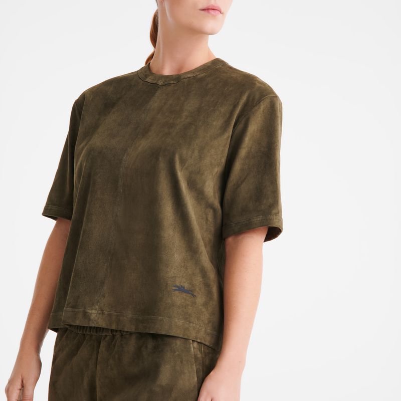 Khaki Longchamp Short Leather Women Top | Indonesia-540GCIDLU