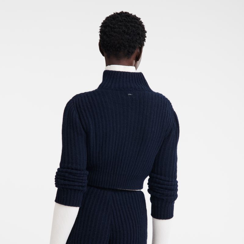 Navy Longchamp Zip Collar Short Women Cardigan | Indonesia-251ZAOUHC