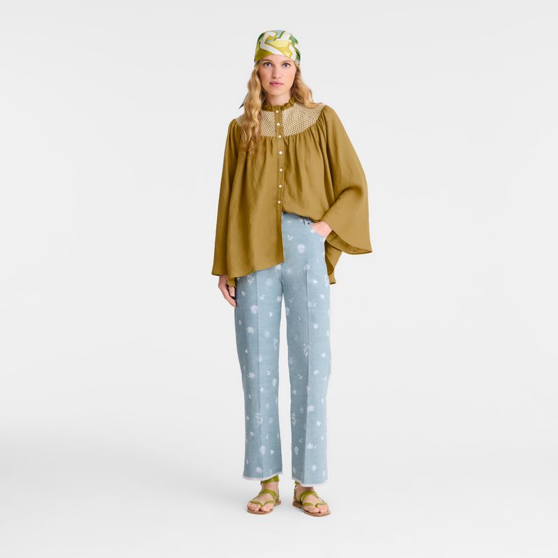 Olive Longchamp Smocked Veil Women Blouse | Indonesia-376QAKUVX